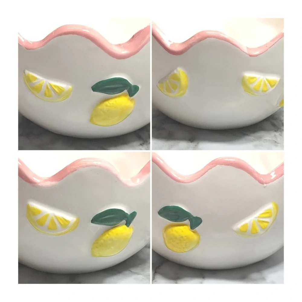 Luna & Sage Set of 2 Lemon Theme Bowls With Pink Scallop Rim‎ Kitchen Dinnerware